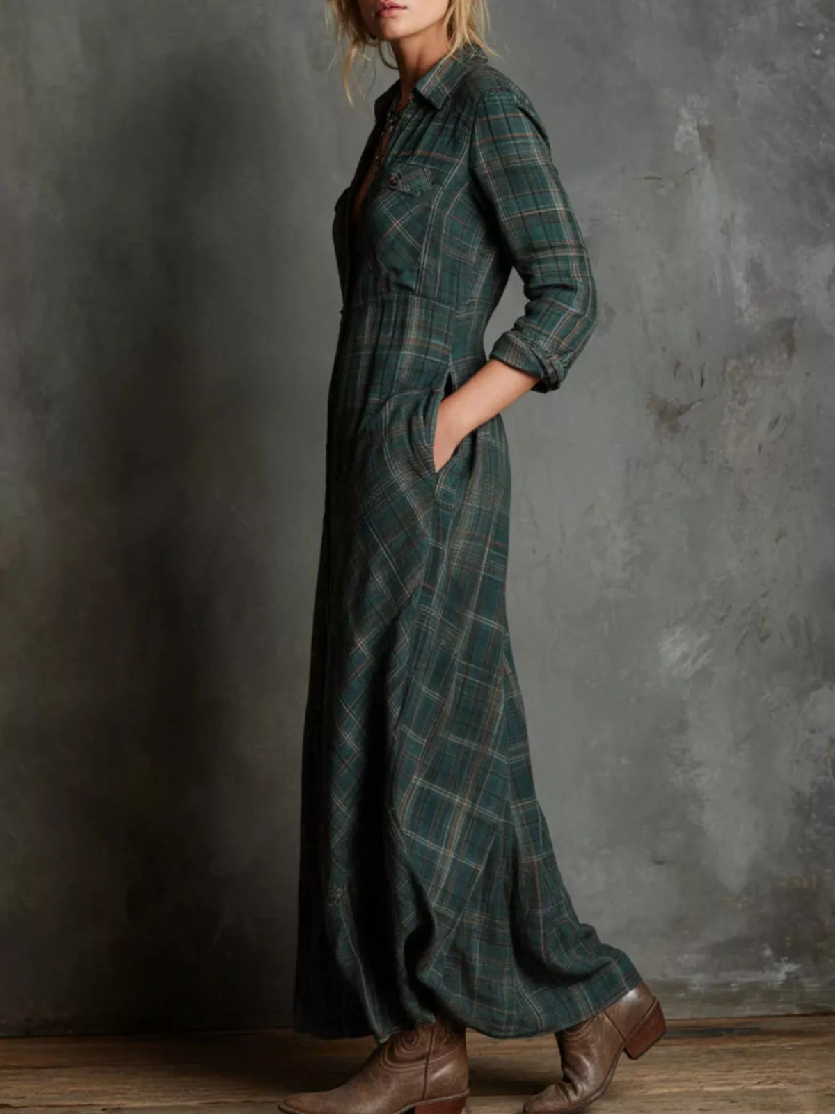 Plaid Button Down Maxi Shirt Dress Plus Size styling view