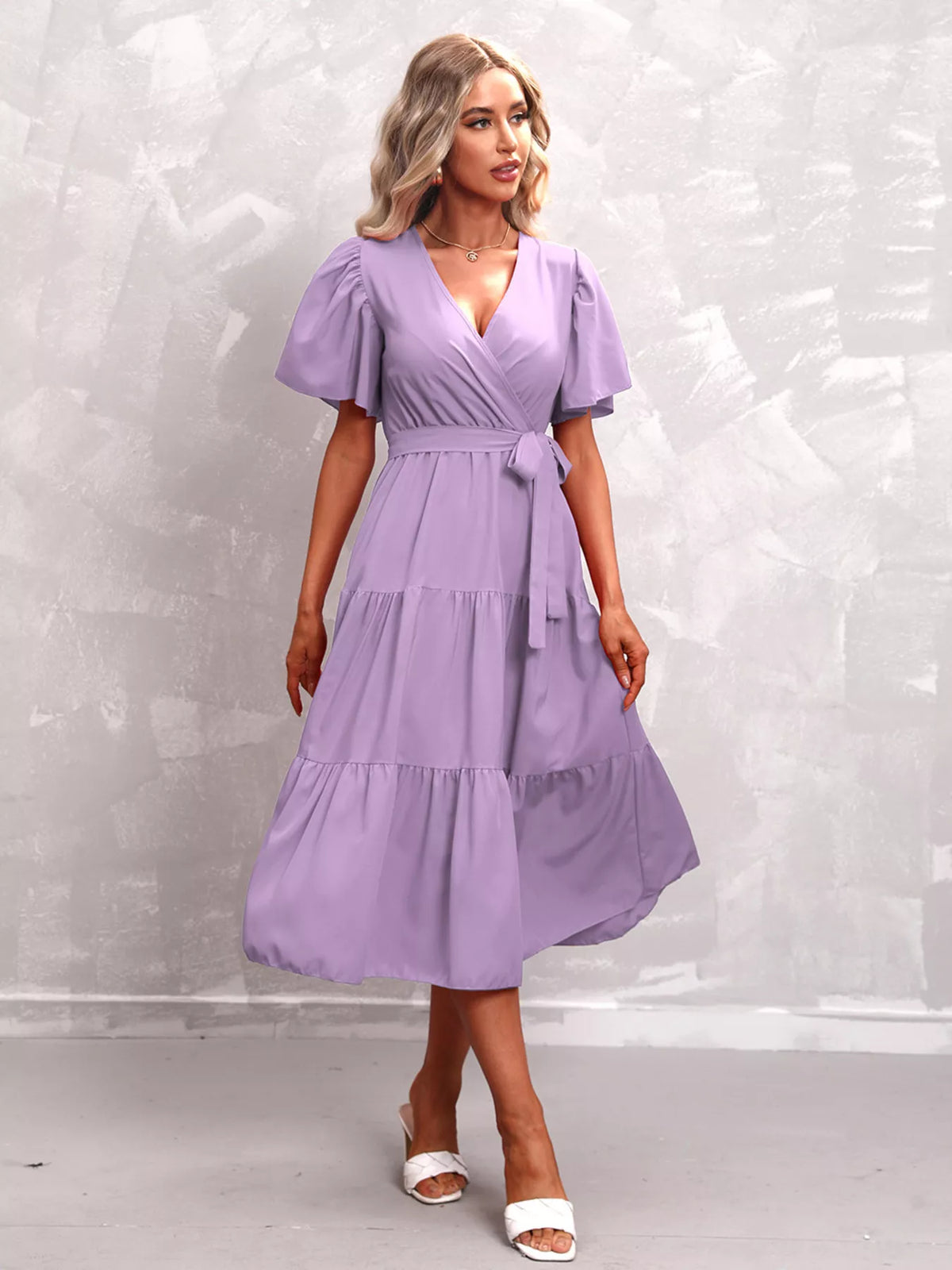 Flutter sleeve tiered midi dress full length view