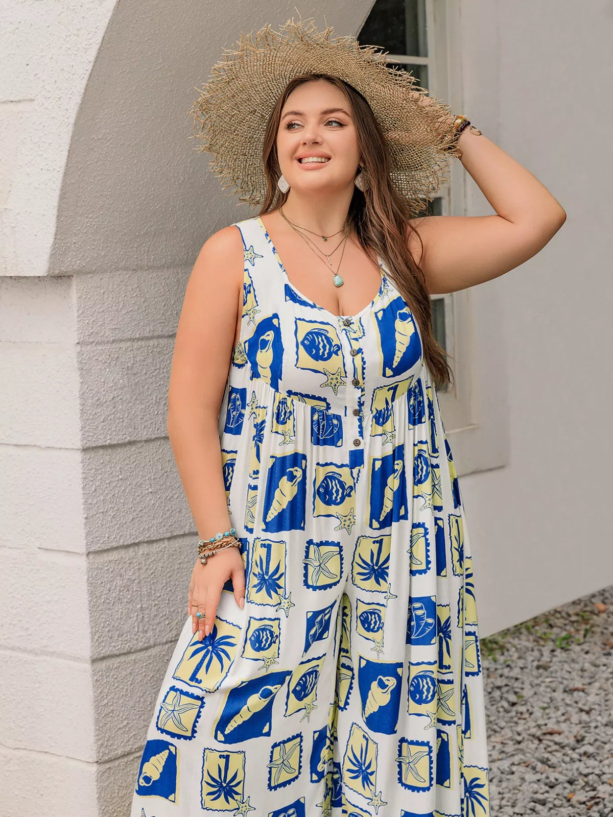 Blue nautical print jumpsuit side view