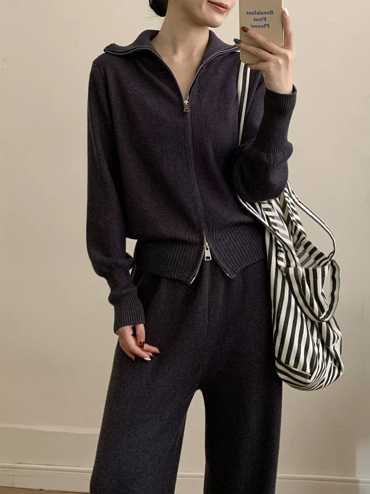 Zip up jacket and wide leg pants matching set detail view