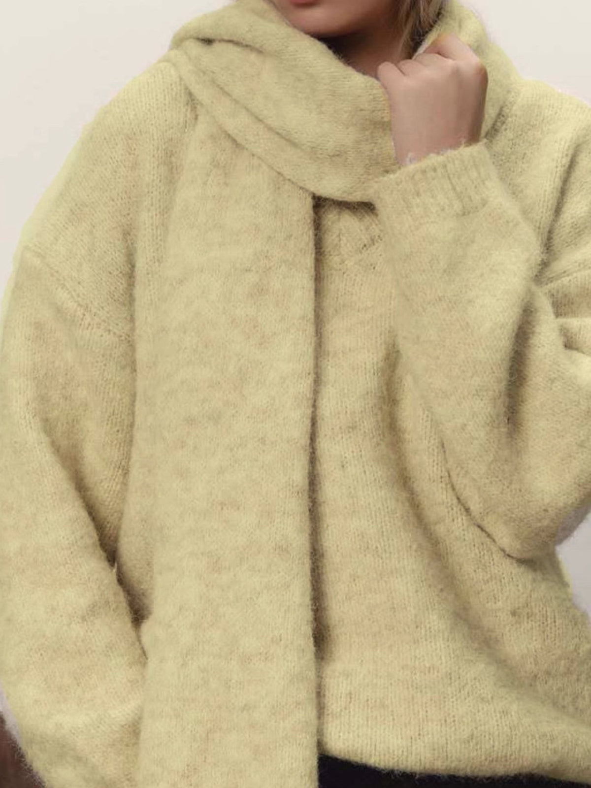 Oversized V Neck Dropped Shoulder Sweater with Scarf, view 9