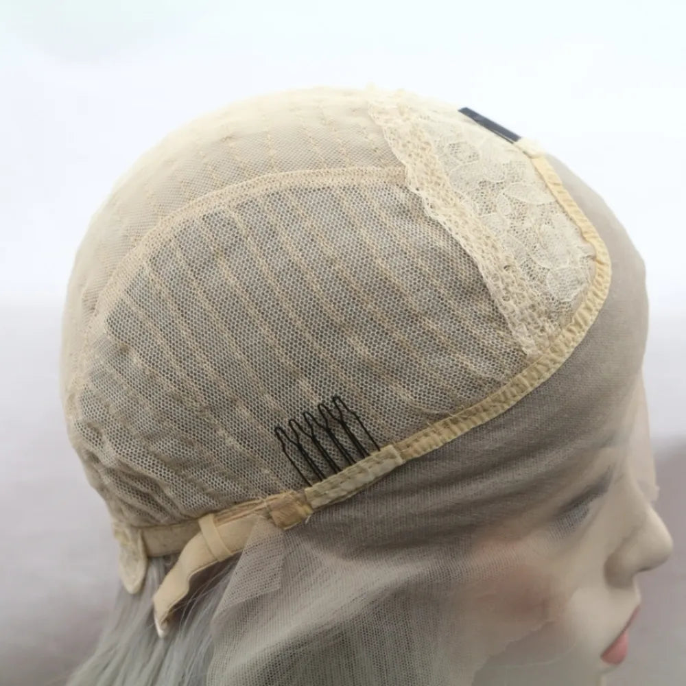 Angled view of lace front wavy wig