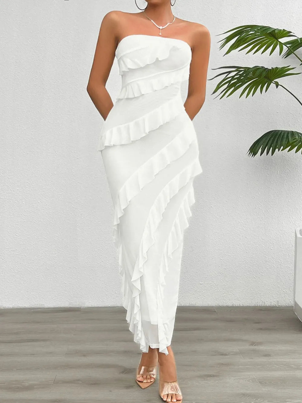 Strapless tube maxi dress with ruffled back slit, back view