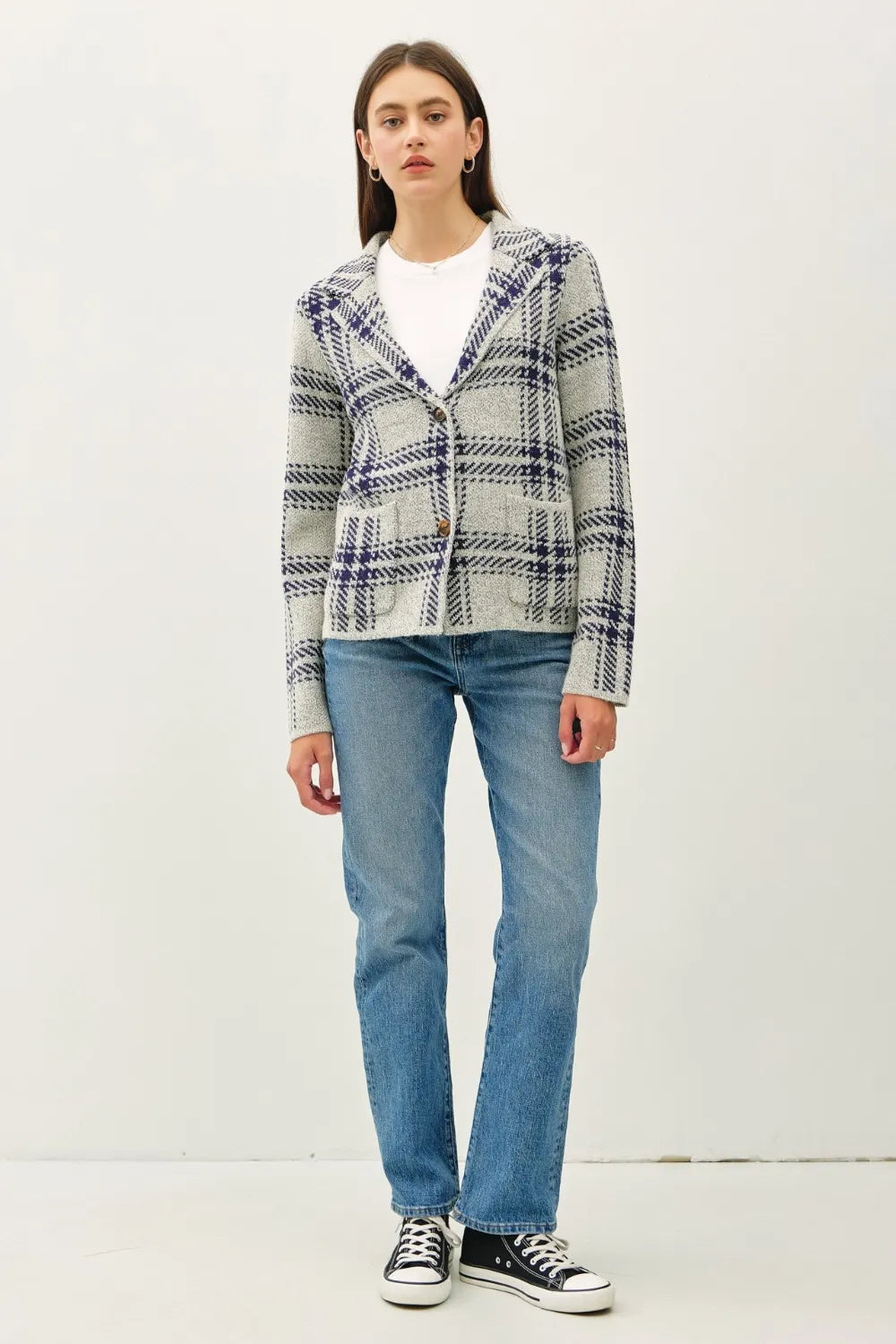 Plaid Button Front Sweater Jacket with Patch Pockets