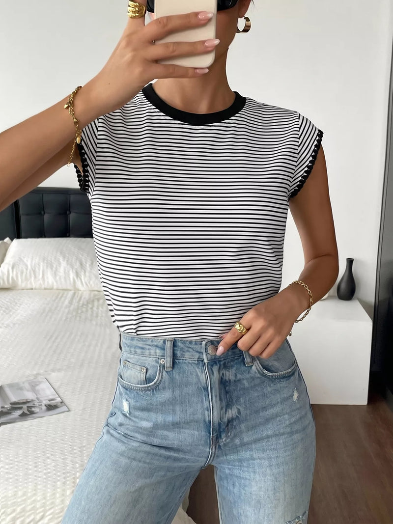Black striped crew neck tee front view