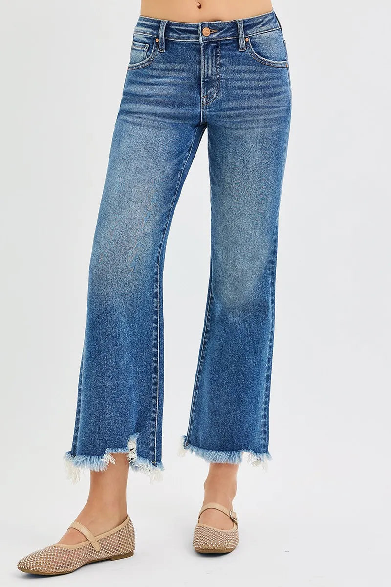 RISEN Full Size Mid Rise Crop Straight Jeans Plus Size DARK - Fashorio