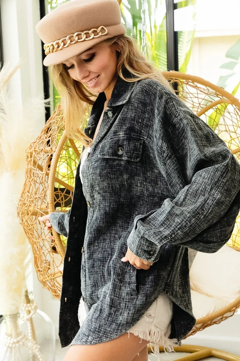 BiBi Vintage Washed Wrinkle Gauze Shacket - Fashorio
