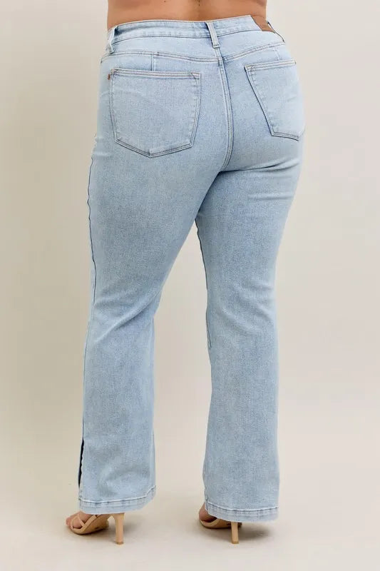 Judy Blue Full Size Tummy Control Vintage Wash Side Slit Slim Boot Jeans Plus Size - Fashorio
