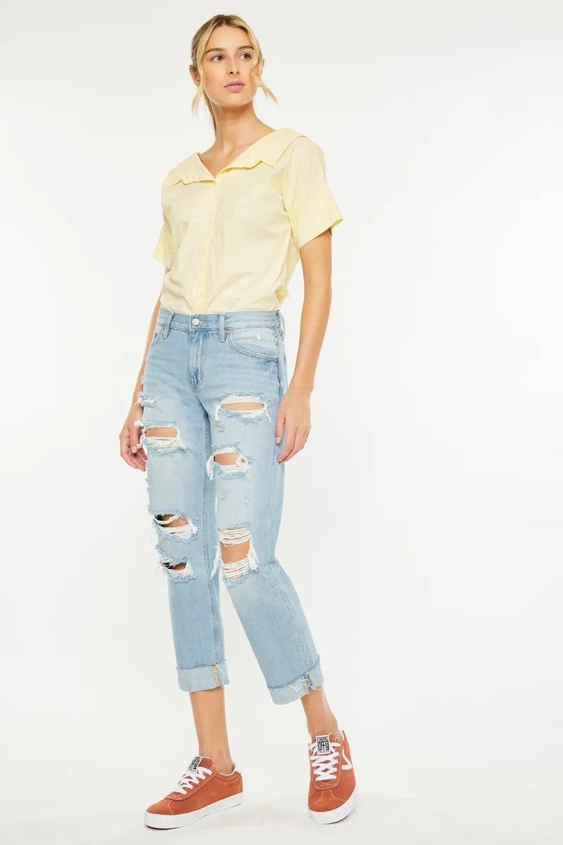 Back view of distressed boyfriend jeans