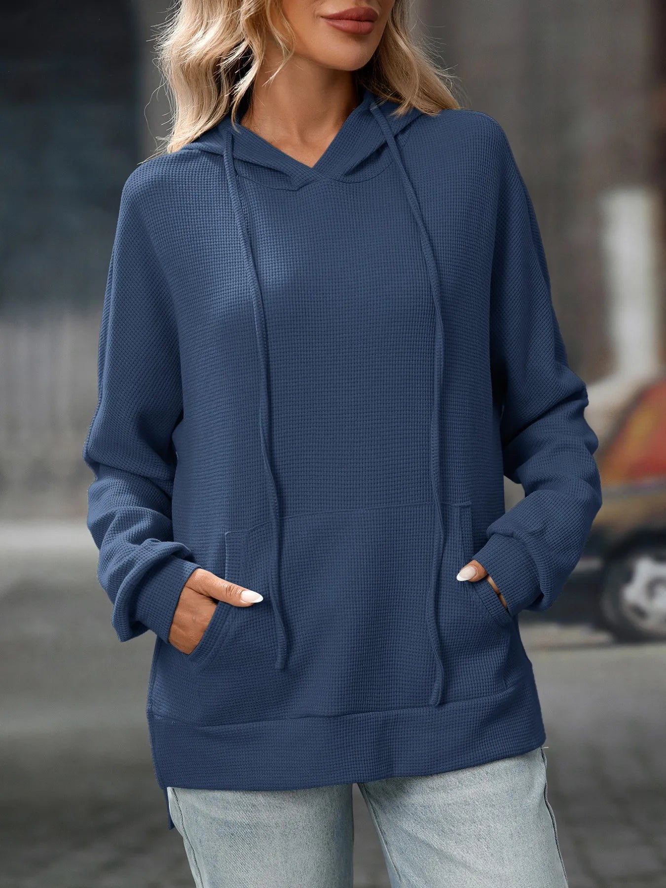 Textured Drawstring Long Sleeve Hoodie Indigo - Fashorio