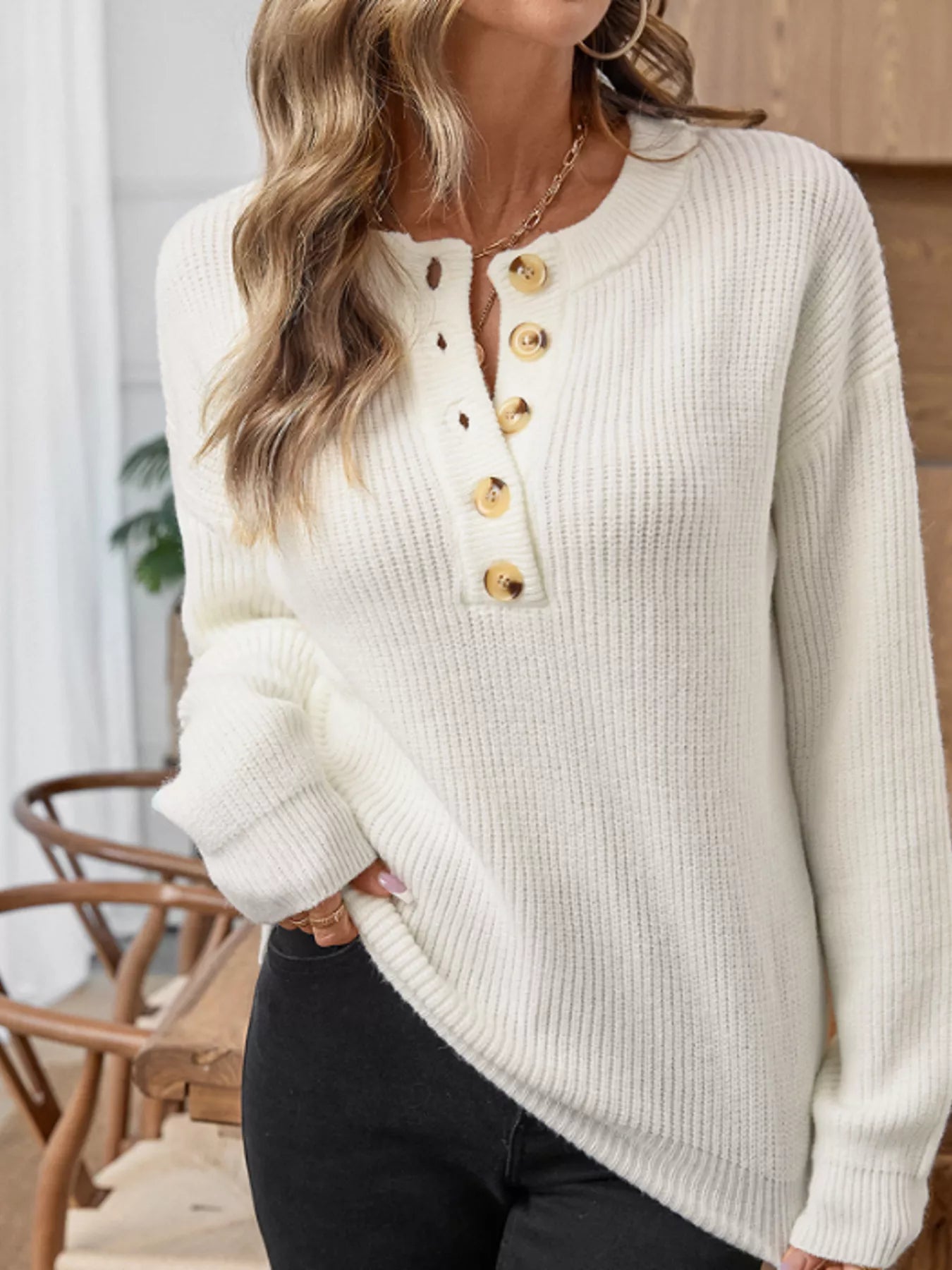 Button Detail Long Sleeve Sweater Beige - Fashorio