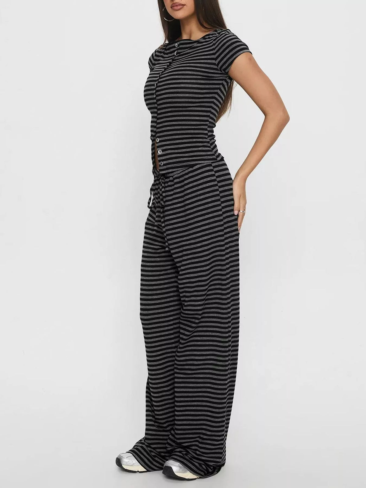 Womens coordinated striped wide leg two piece set