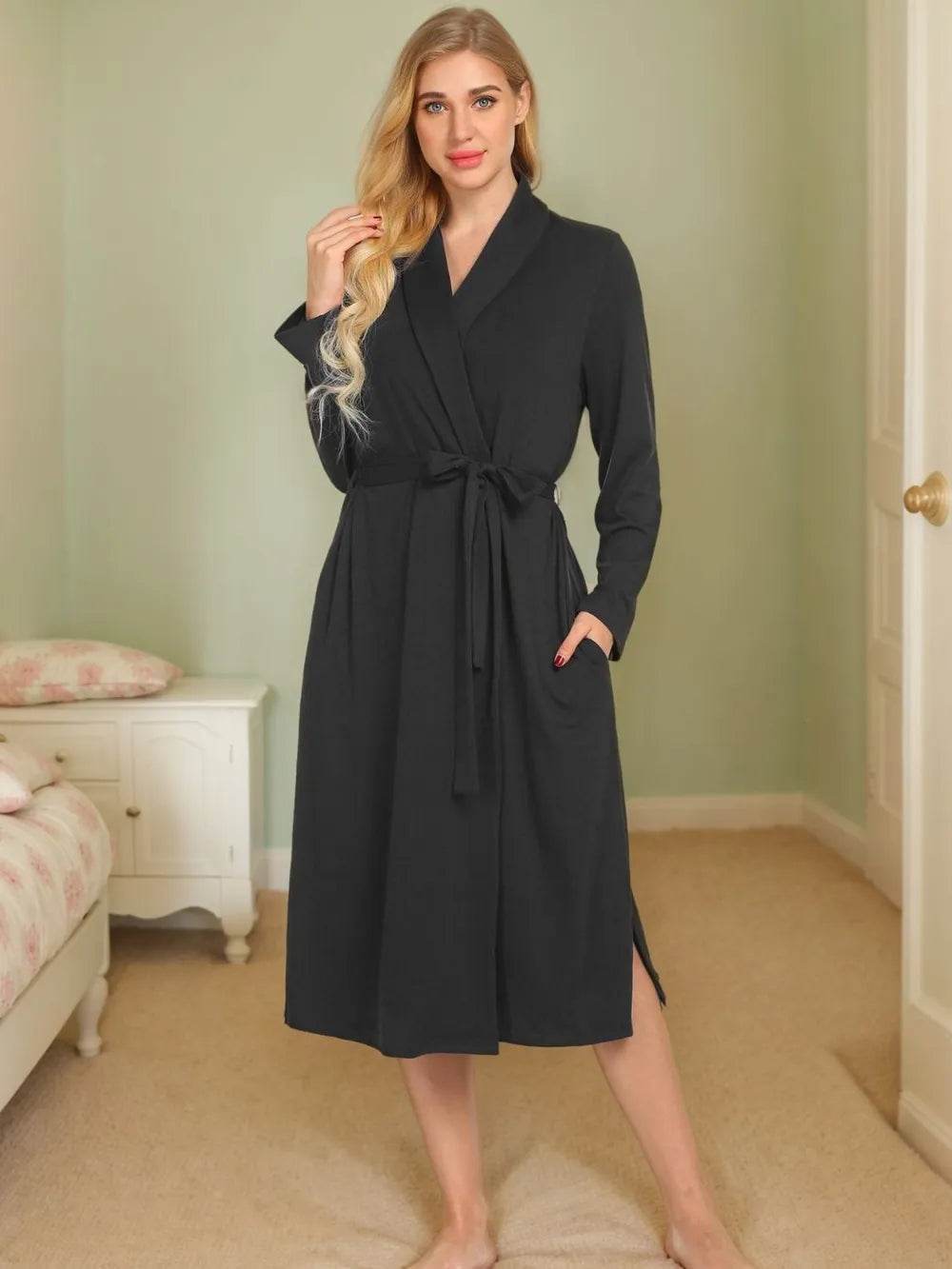 Tied Lounge Nightgown with Pockets Black - Fashorio