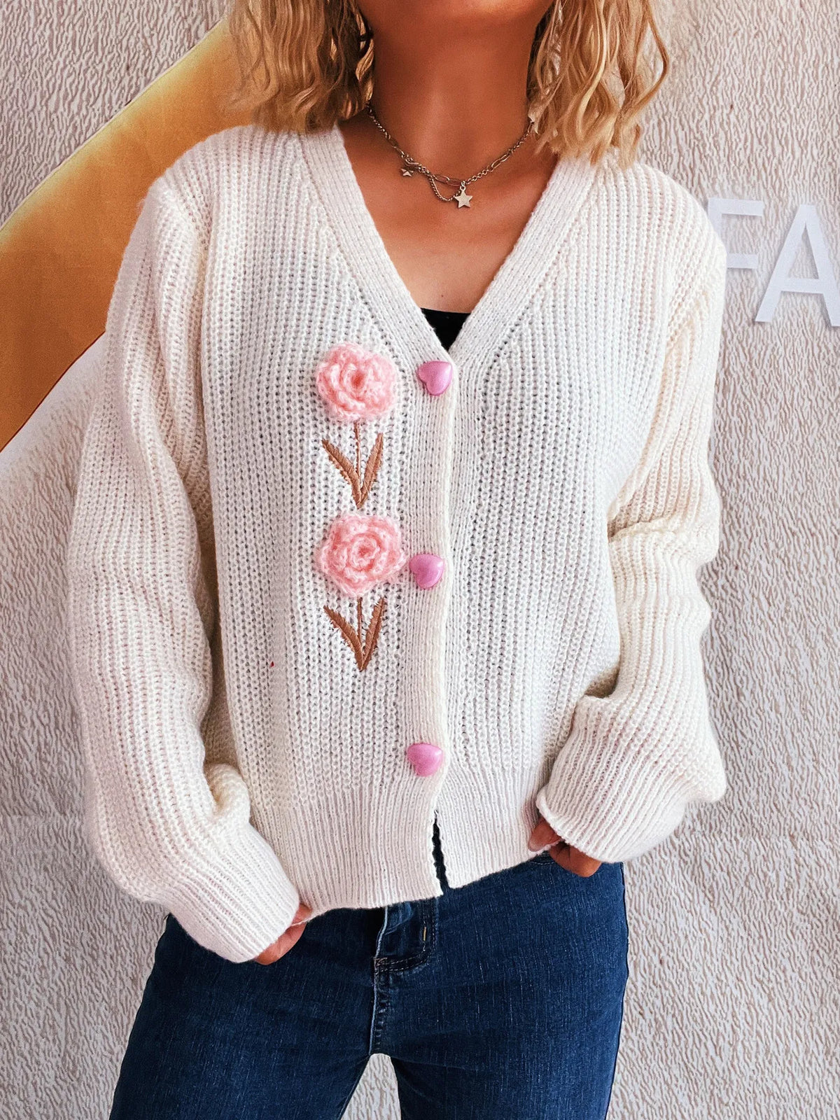 Flower V neck button up cardigan, front view