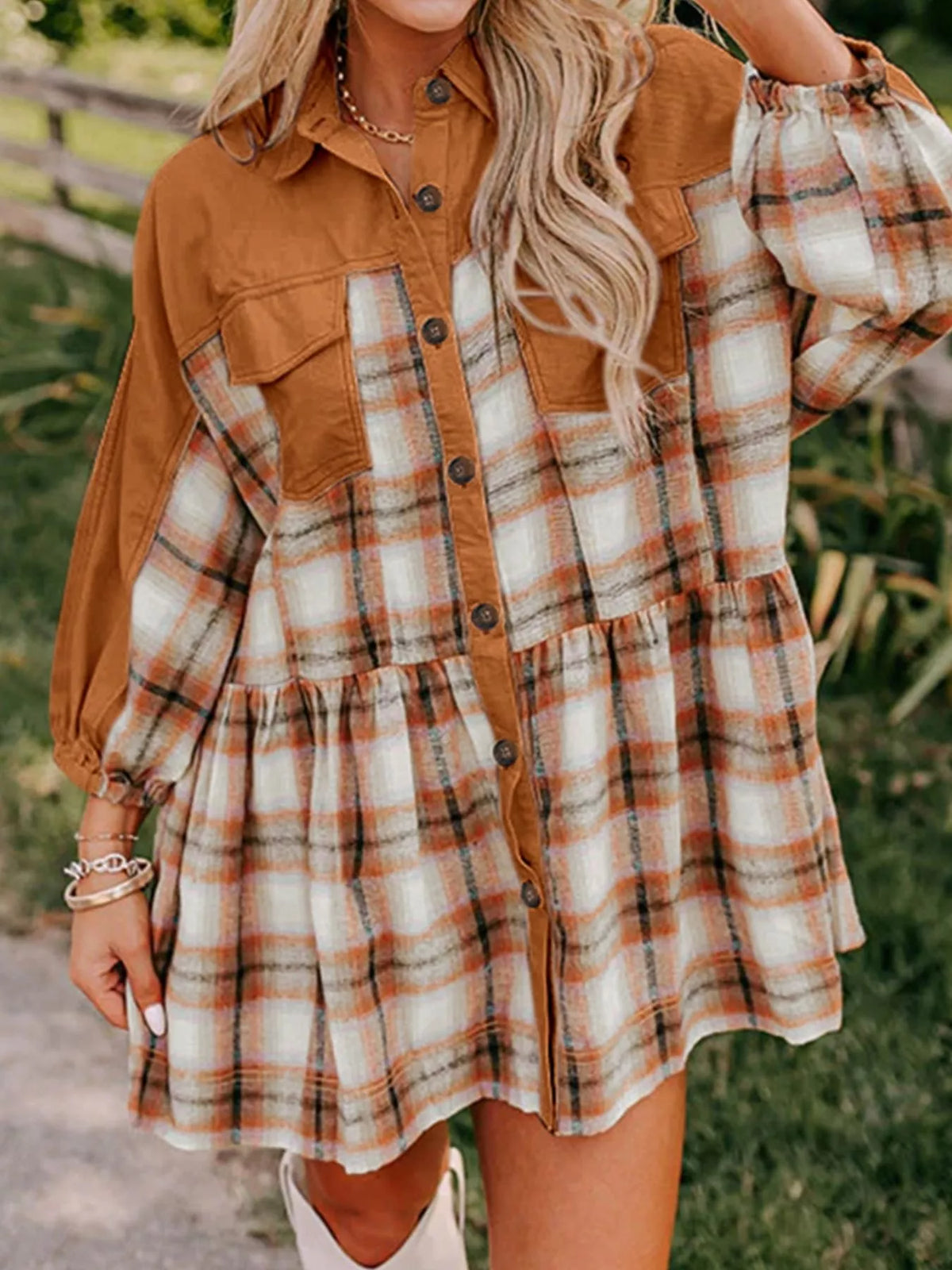 Plaid Button Front Mini Dress in Caramel