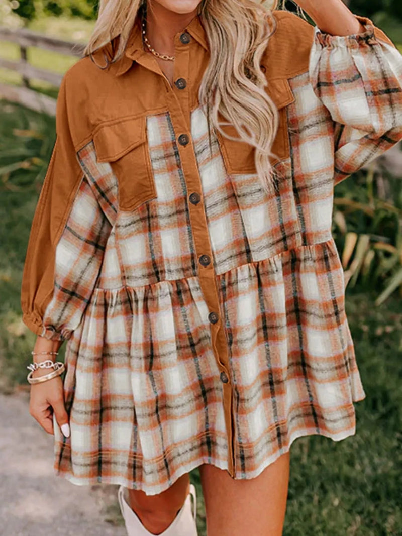 Plaid Button Front Mini Dress in Caramel