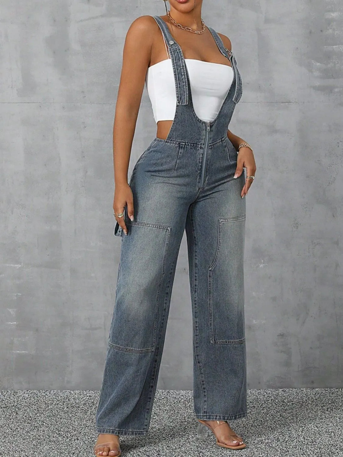 Zip Front Wide Strap Denim Overalls Light - Fashorio