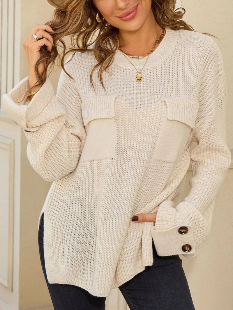 Pocket detail round neck sweater, front view