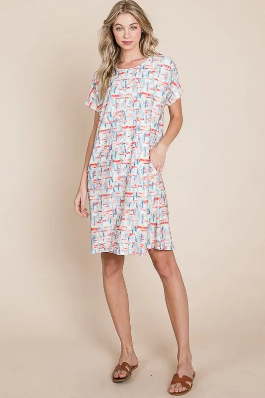 Printed Round Neck Short Sleeve Tee Dress styled look