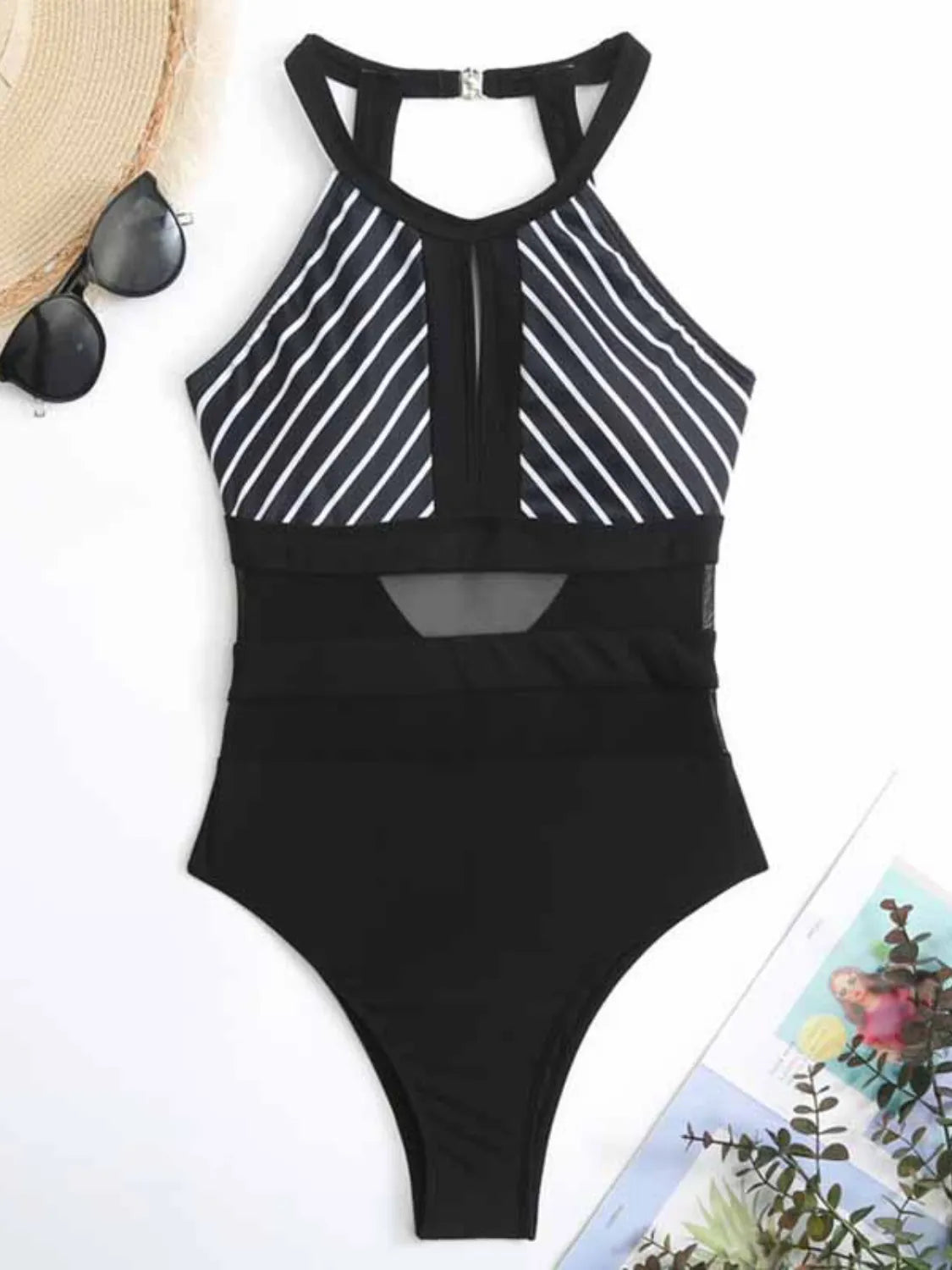 Mesh Detail Backless Striped One-Piece Swimsuit - Fashorio