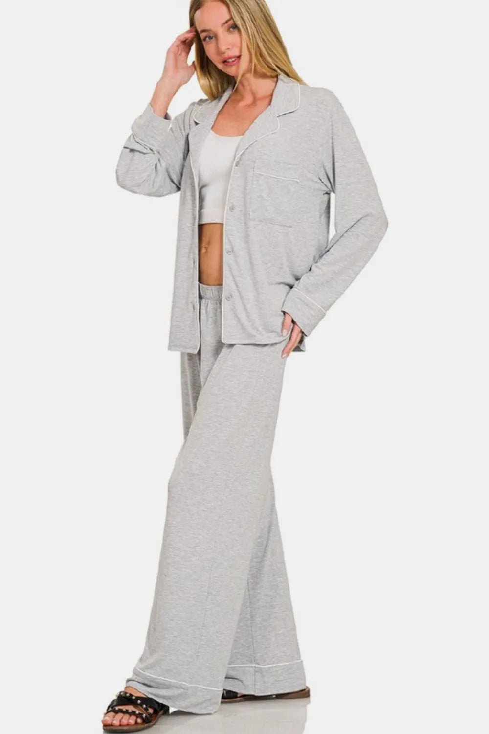Zenana Button Down Long Sleeve Top and Pants Lounge Set - Fashorio