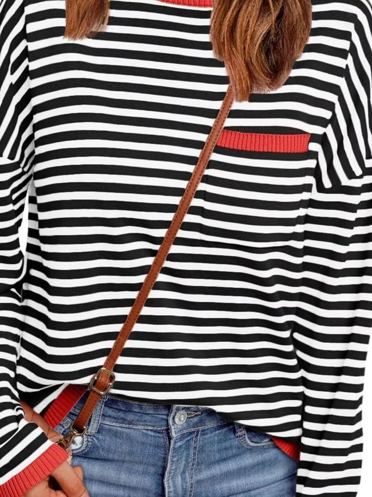 Striped round neck knit top sleeve and cuff detail