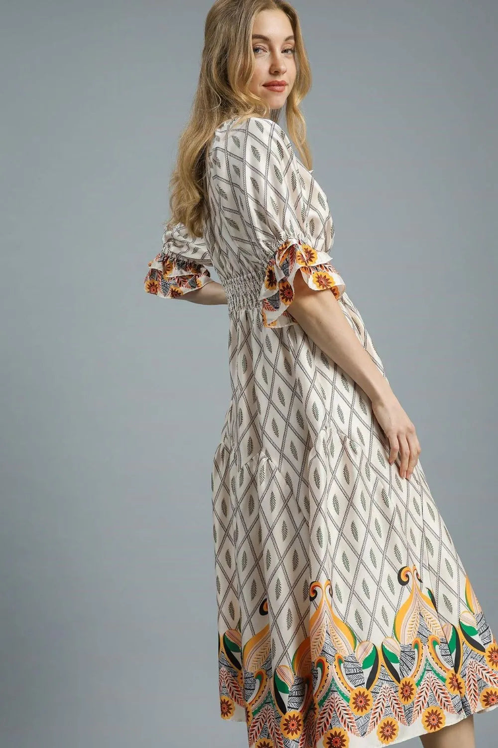 Printed Smocked Waist Flounce Sleeve Midi Dress side view