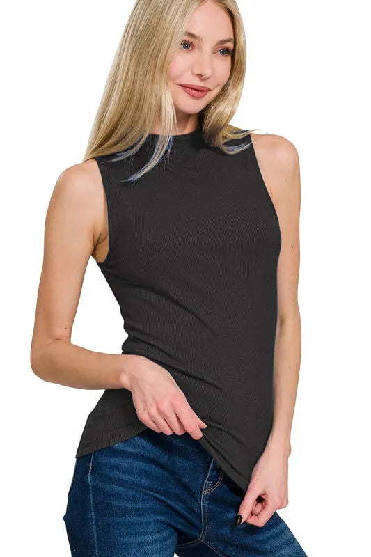 Zenana Ribbed Sleeveless Mock Neck Top - Fashorio