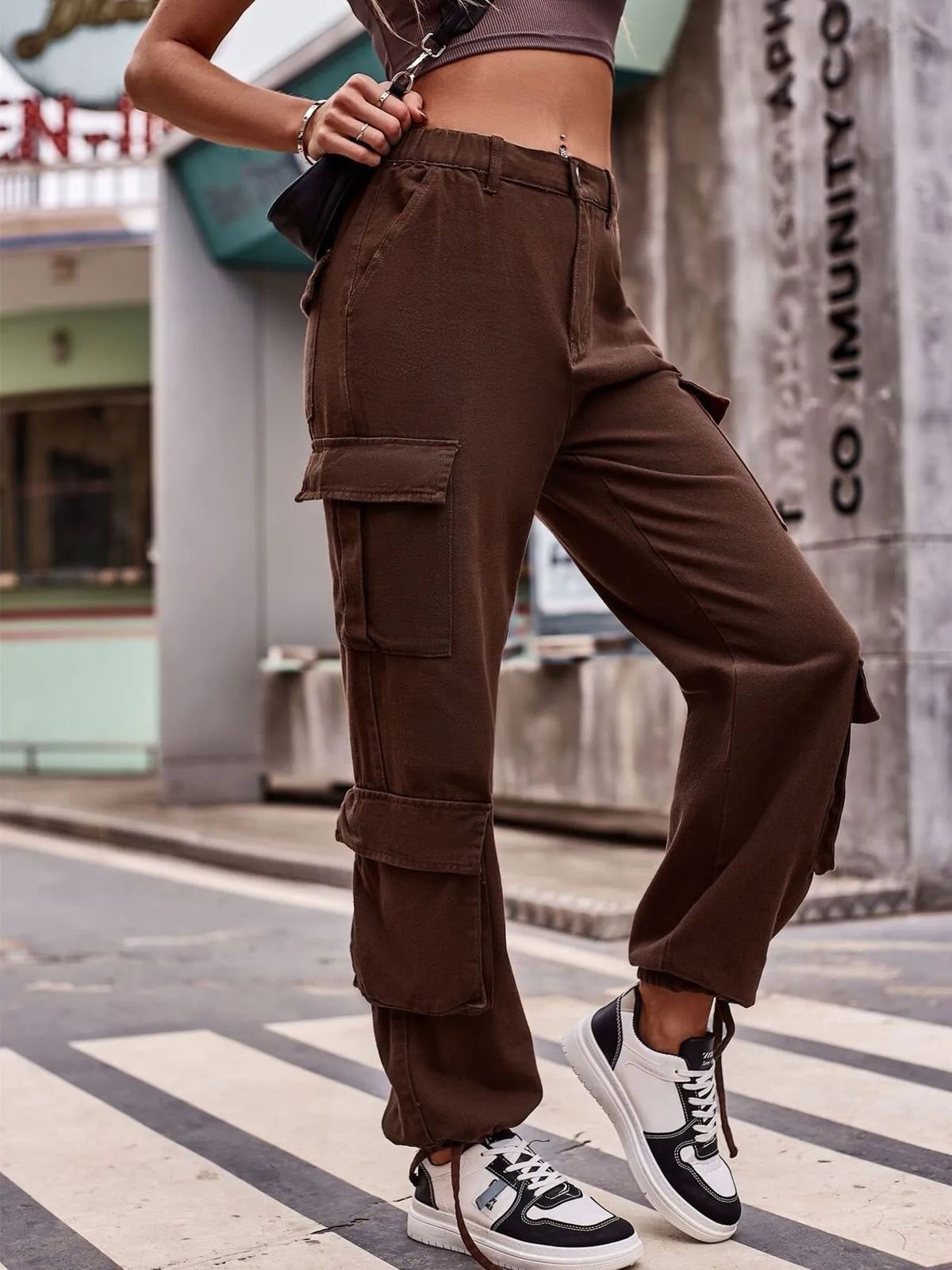 Khaki wide leg cargo jeans view