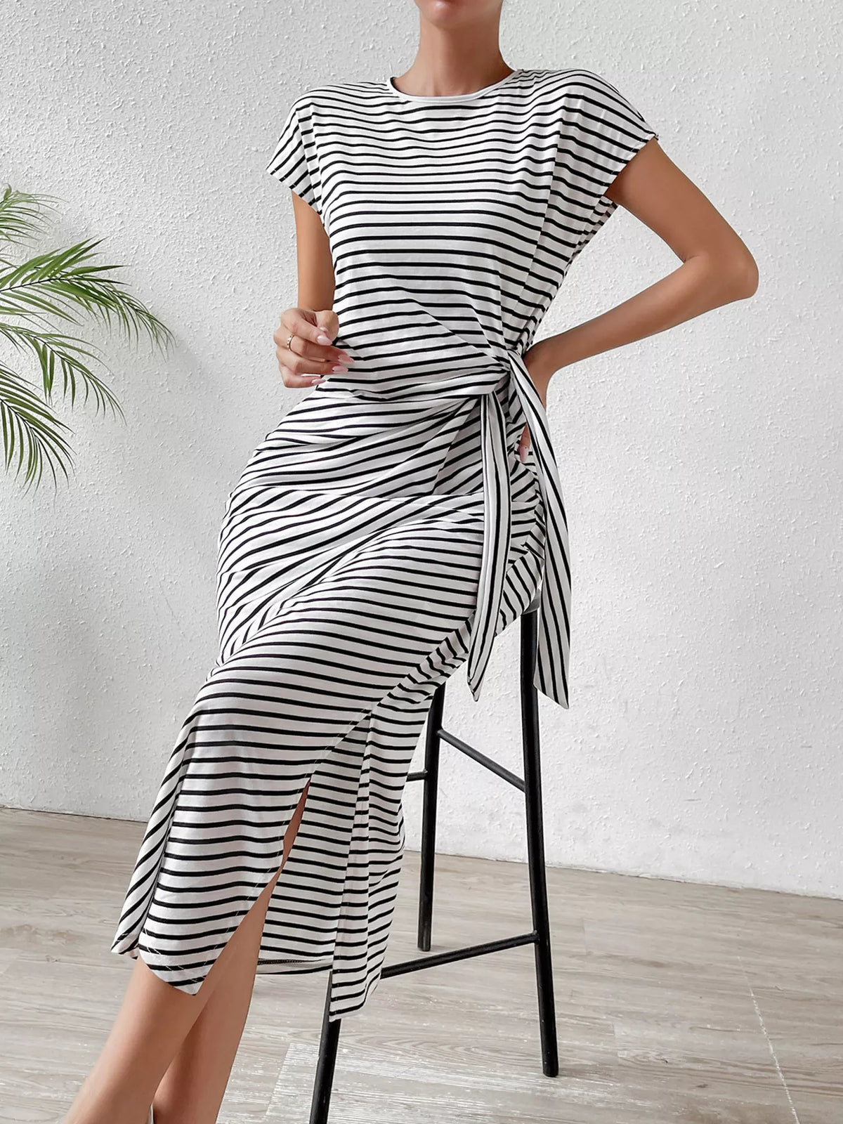 Striped tie waist dress in pink, front view