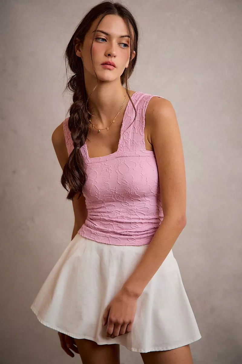 White denim bubble skort with smocked back waist detail view