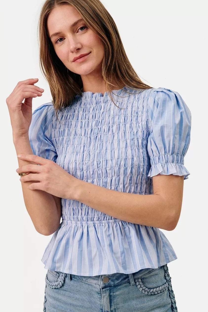 Blue striped smocked puff sleeve blouse front view