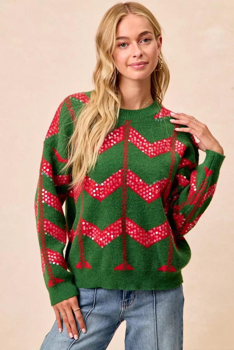 Chevron Sequin Christmas Sweater in Hunter Green and Red