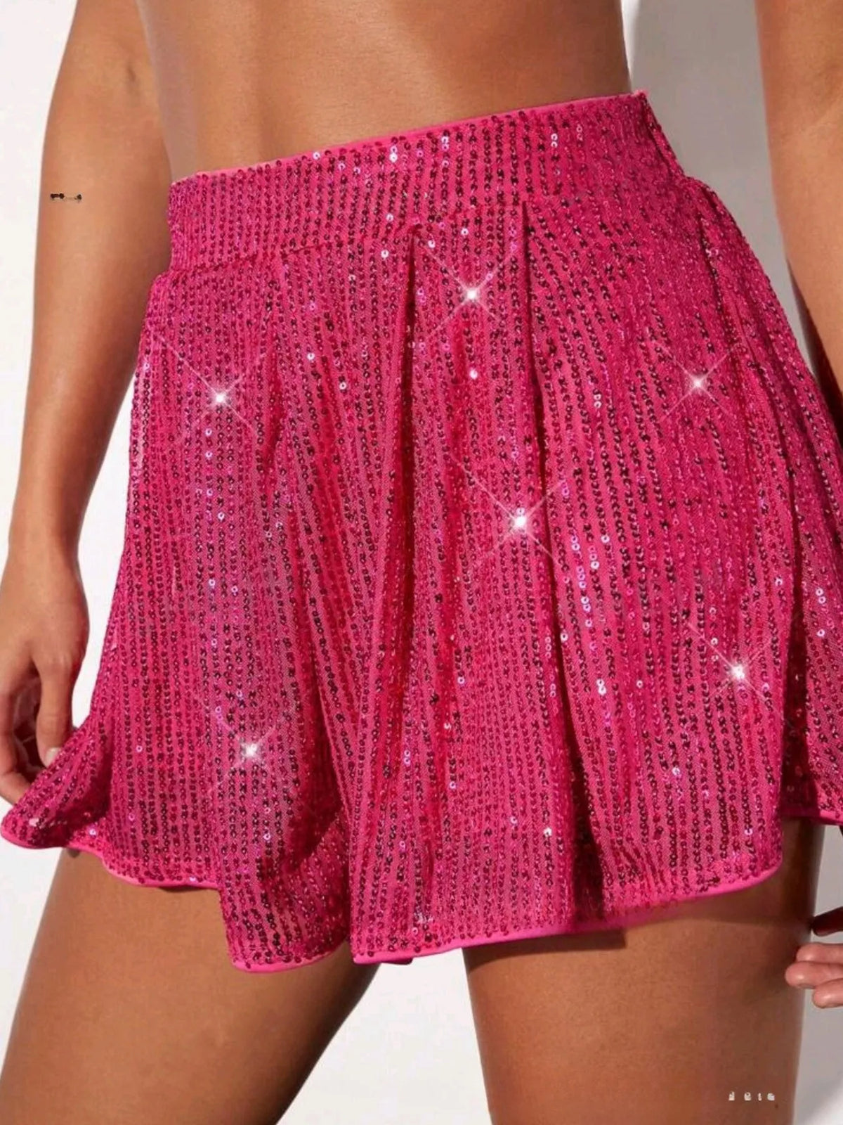 High waisted sequin shorts full length view