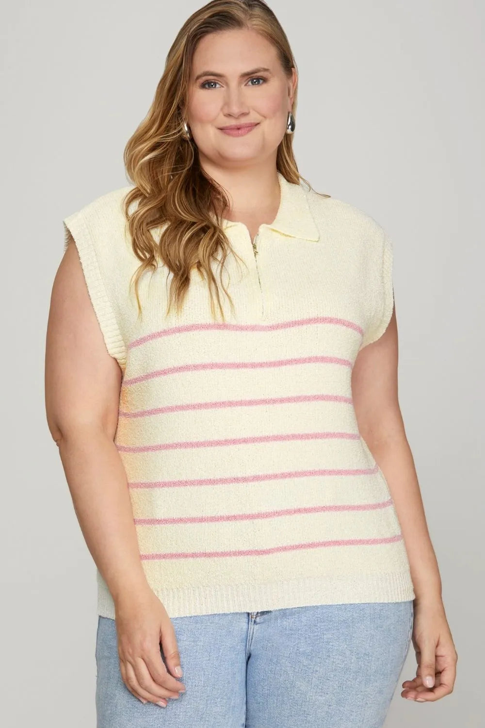 Striped Half Zip Sweater Vest Plus Size in Pink back view