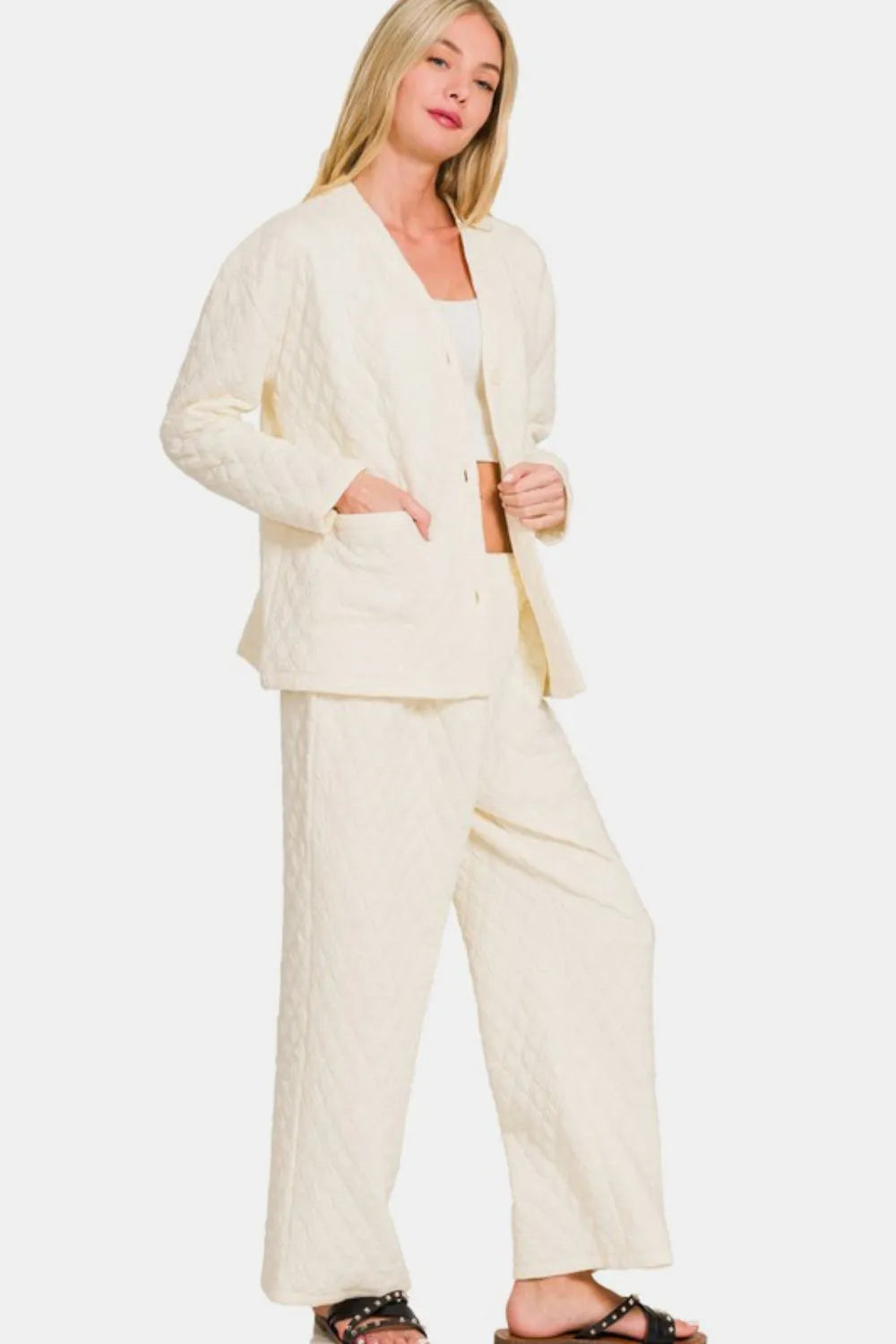 Zenana Quilted Button Up Long Sleeve Top and Pants Lounge Set - Fashorio