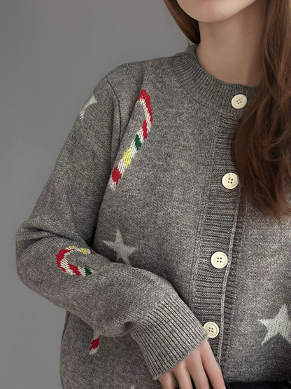 Candy Cane & Star Button Down Long Sleeve Cardigan - Fashorio