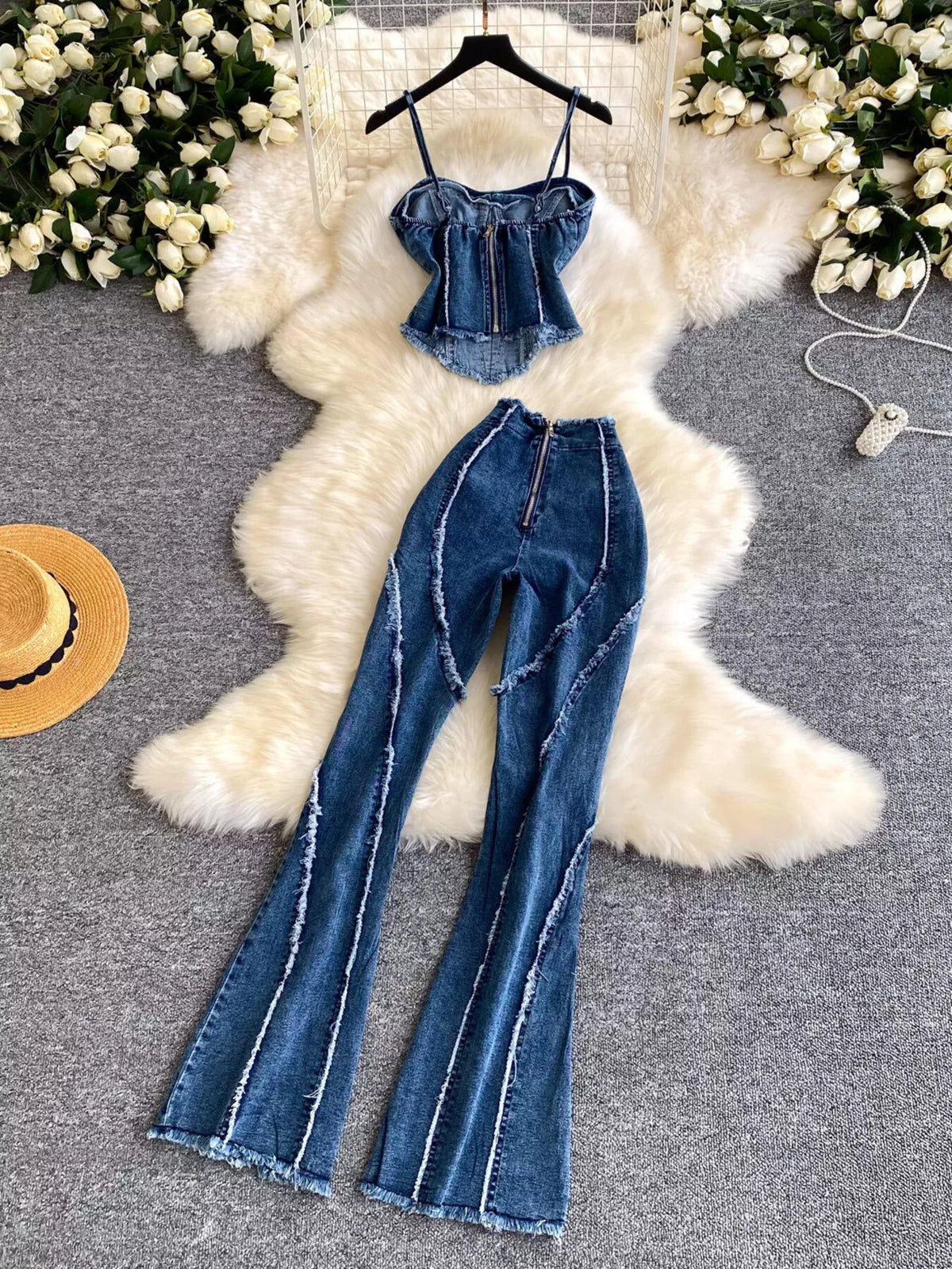 Denim cami and flare jeans coordinated set styled