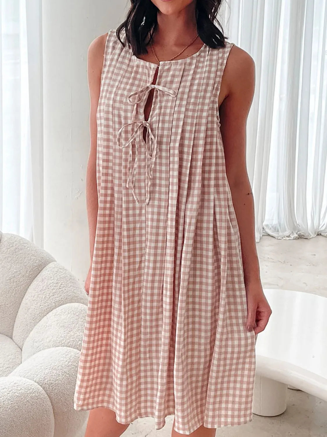 Plaid Tie Front Sleeveless Dress in Black