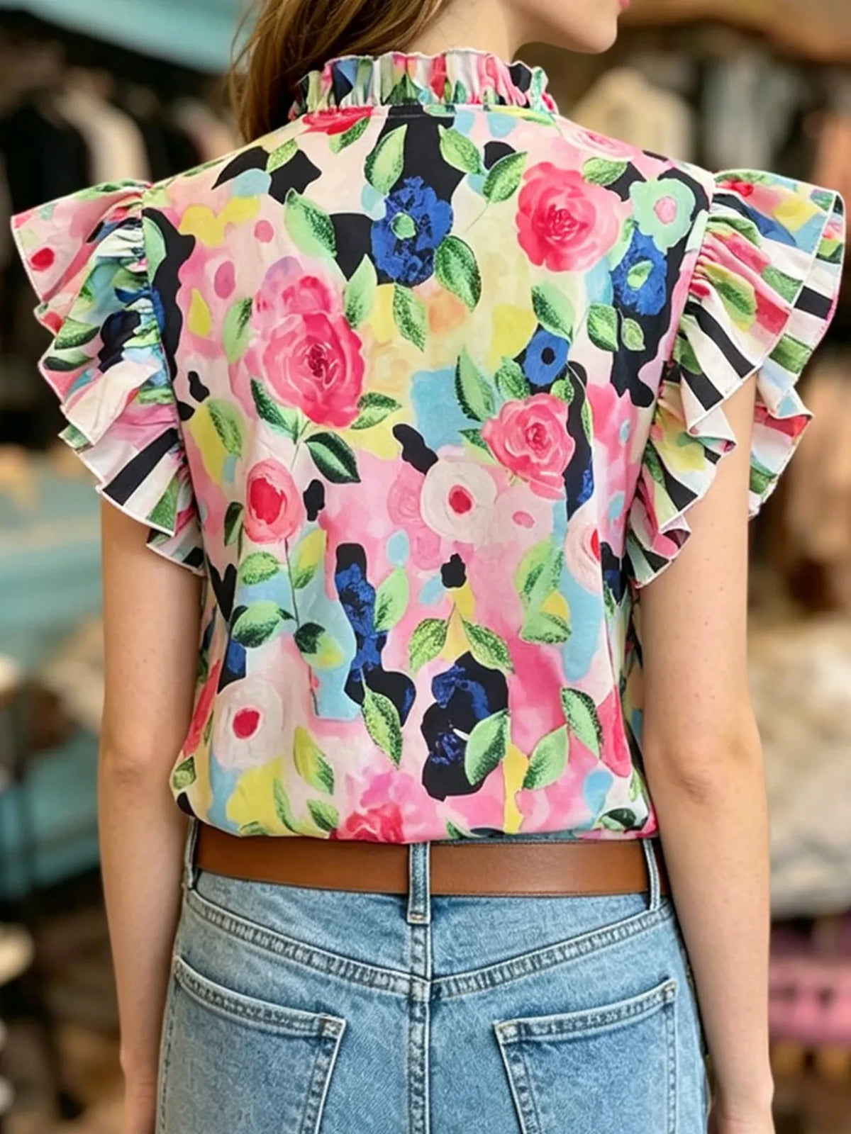 Printed ruffle sleeve blouse back view