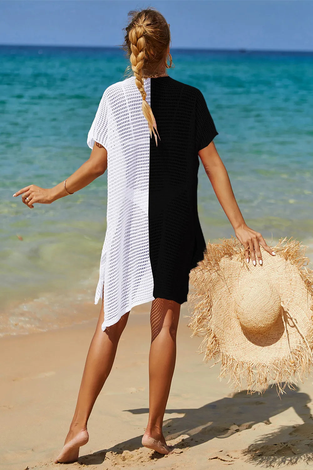 Openwork cover up styled over swimwear full length