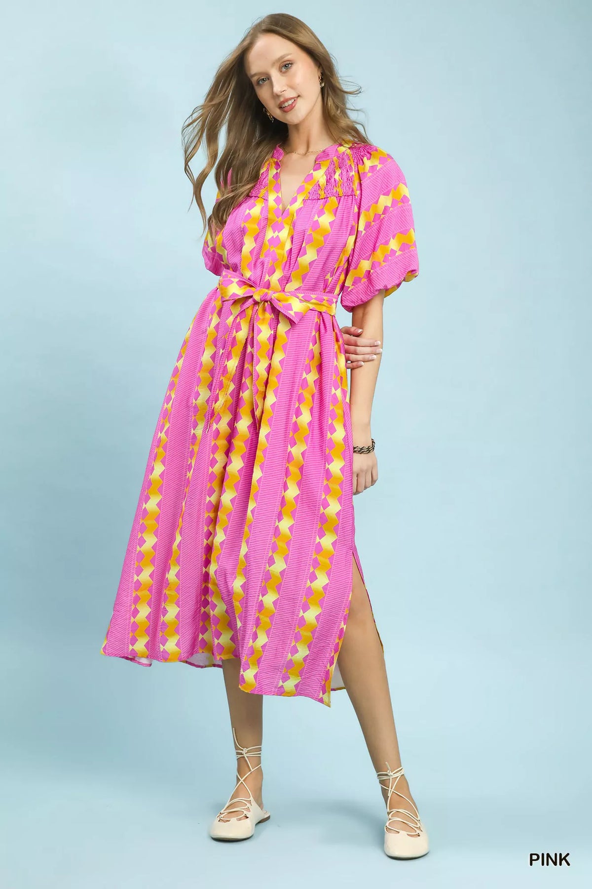 Pink geo stripe dress skirt slit detail