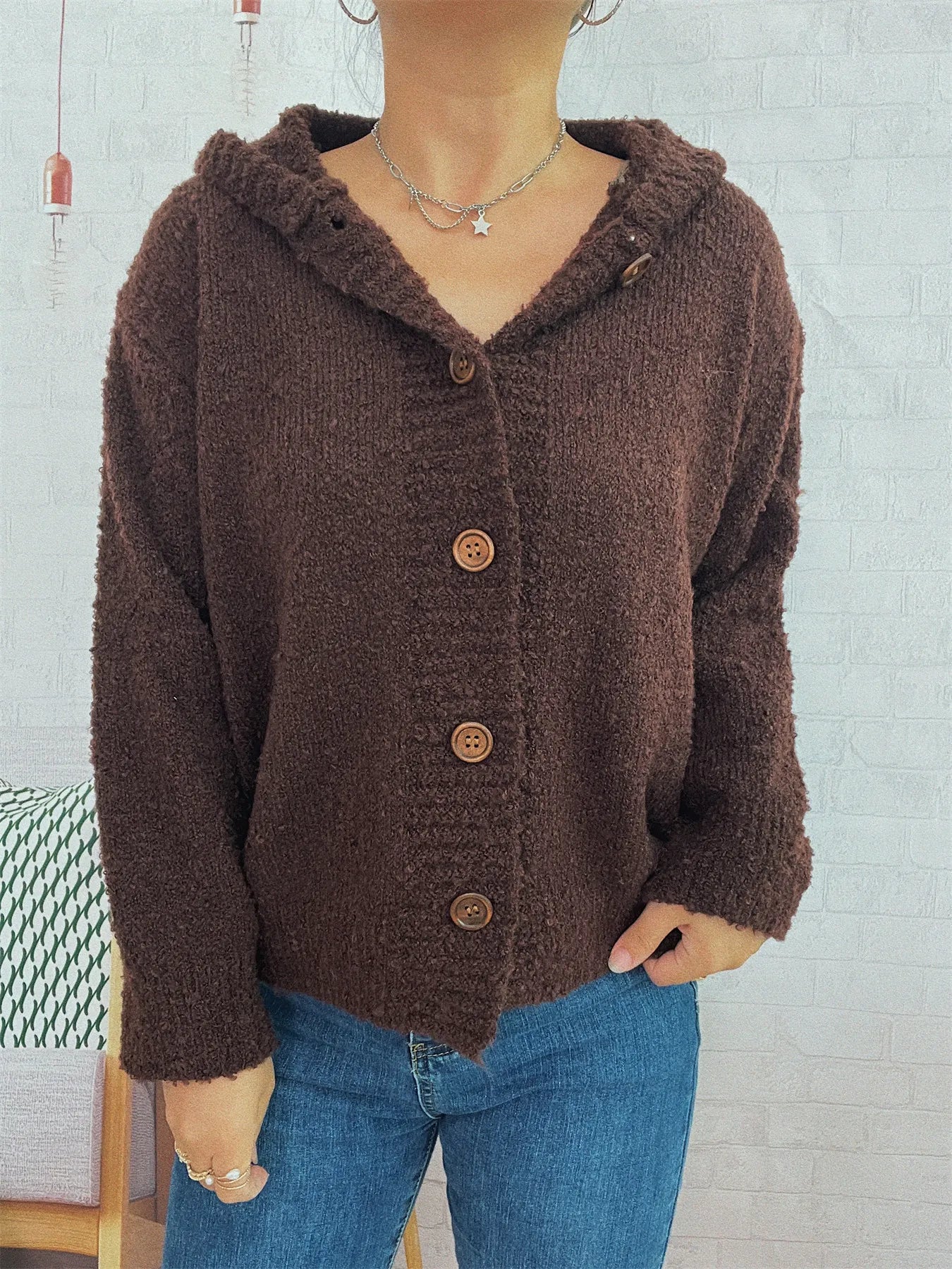Cozy Button-Up Hooded Cardigan Brown One Size - Fashorio