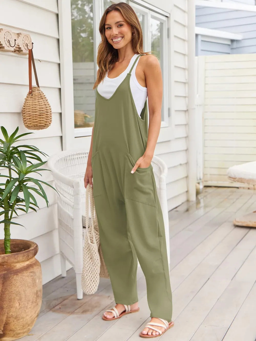 V-Neck Spaghetti Strap Wide Leg Jumpsuit, view 30