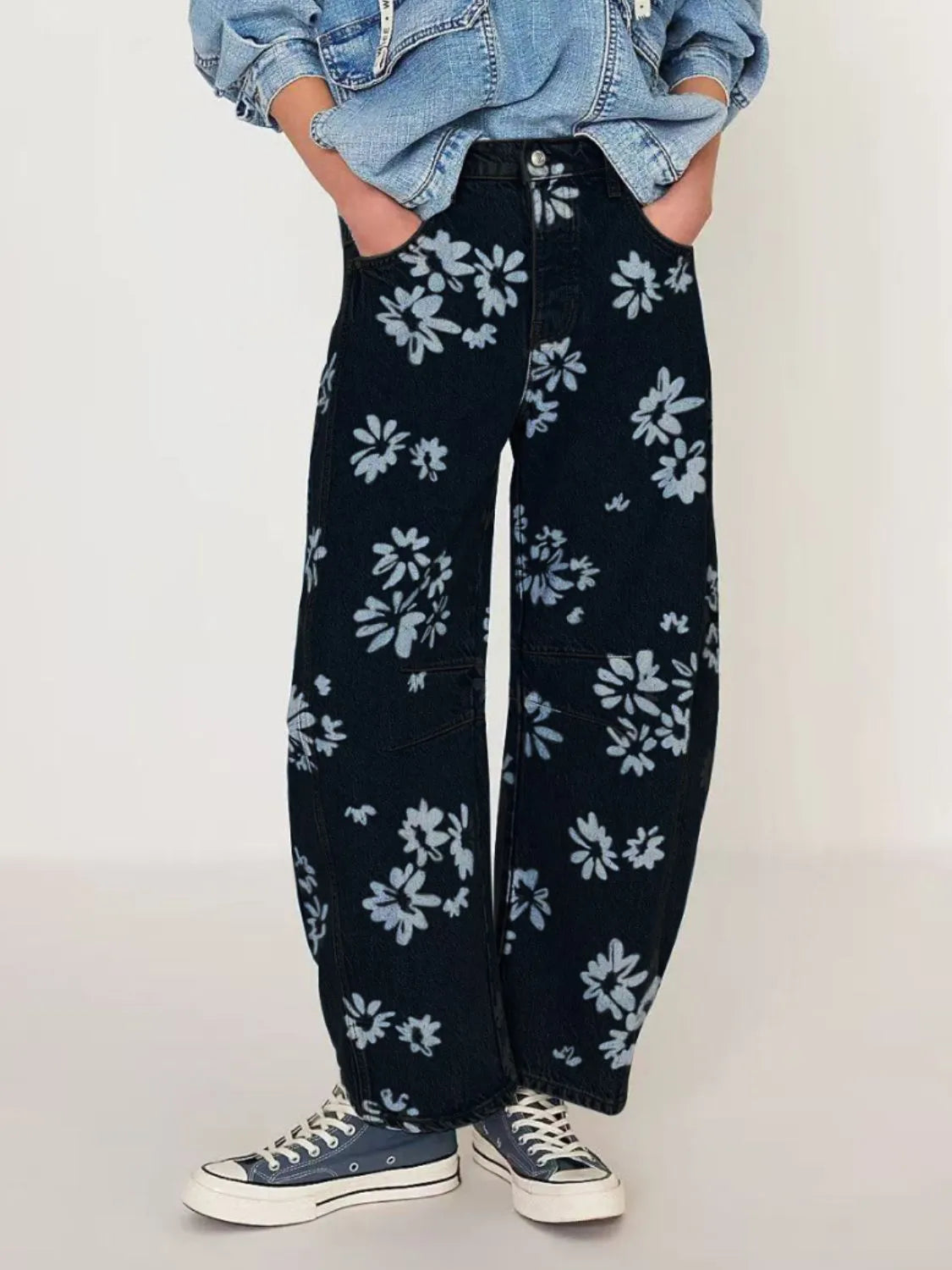 Printed flowing wide leg denim side view