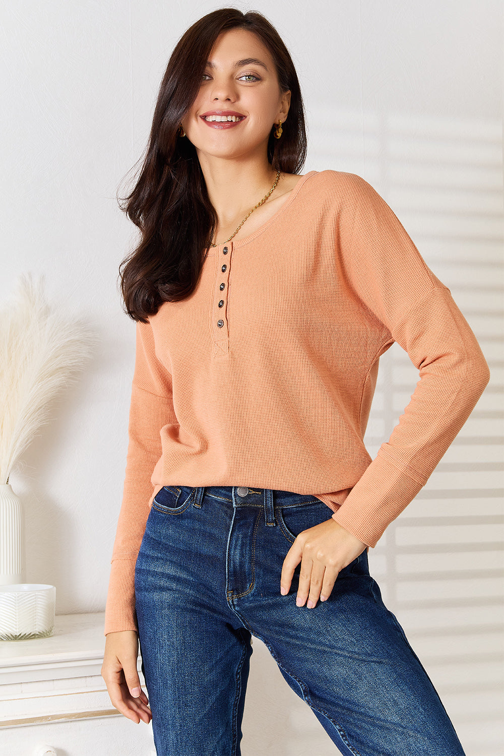 Caramel half button long sleeve top front view