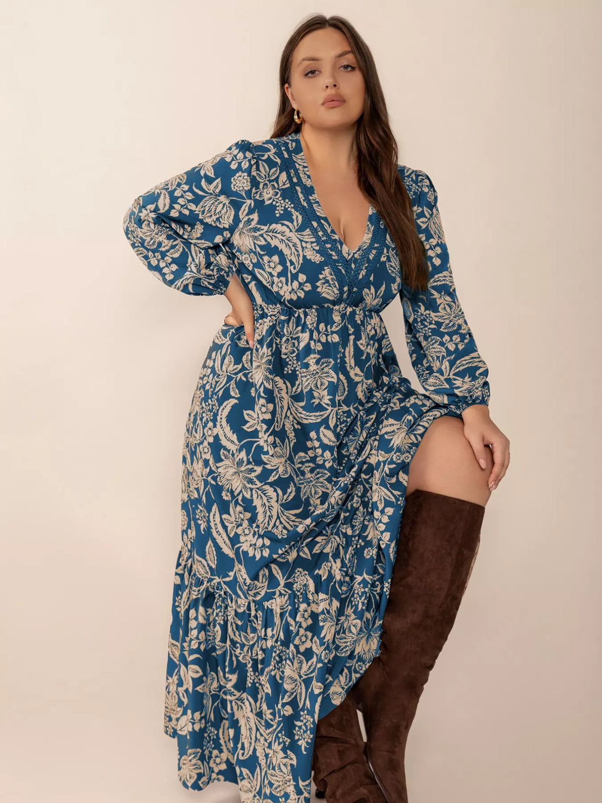 Peacock Blue plus size boho floral long sleeve maxi dress, back view
