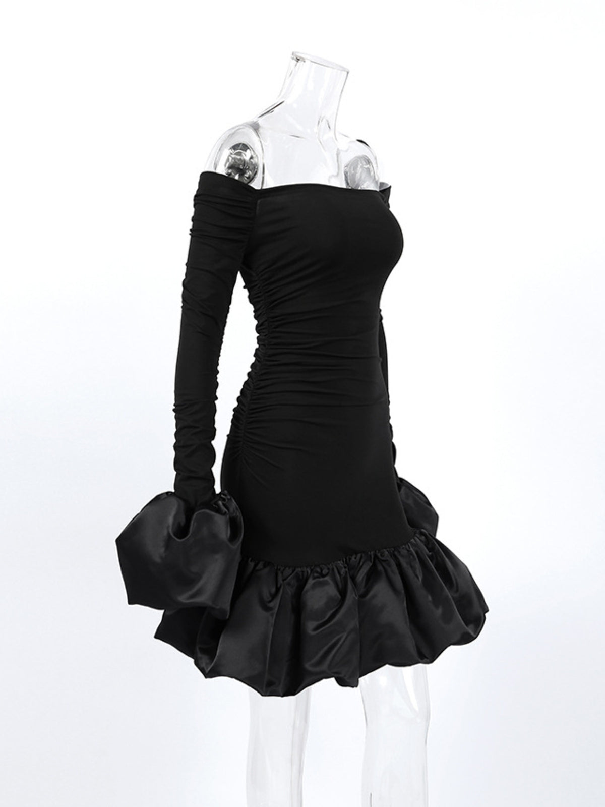 Black off shoulder ruffle hem mini dress back detail