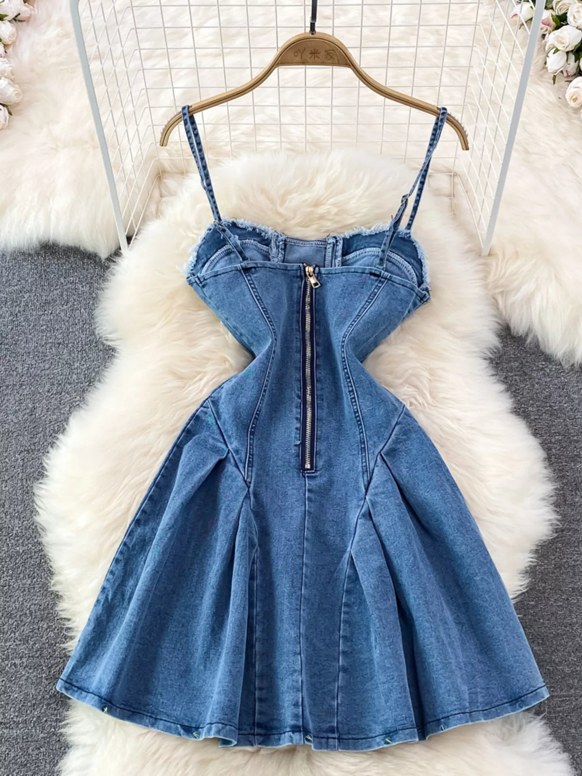 Blue lace up denim A line mini dress back view