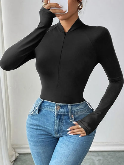 Perfee Half Zip Long Sleeve Bodysuit - Fashorio